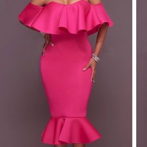 Flounced Off Shoulder Mermaid Sexy midi Dress XL
